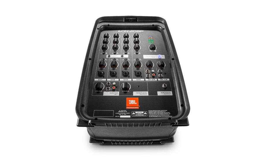 Mezclador de 8 canales integrado con entrada para micrófonos, guitarras y fuentes de nivel de línea.